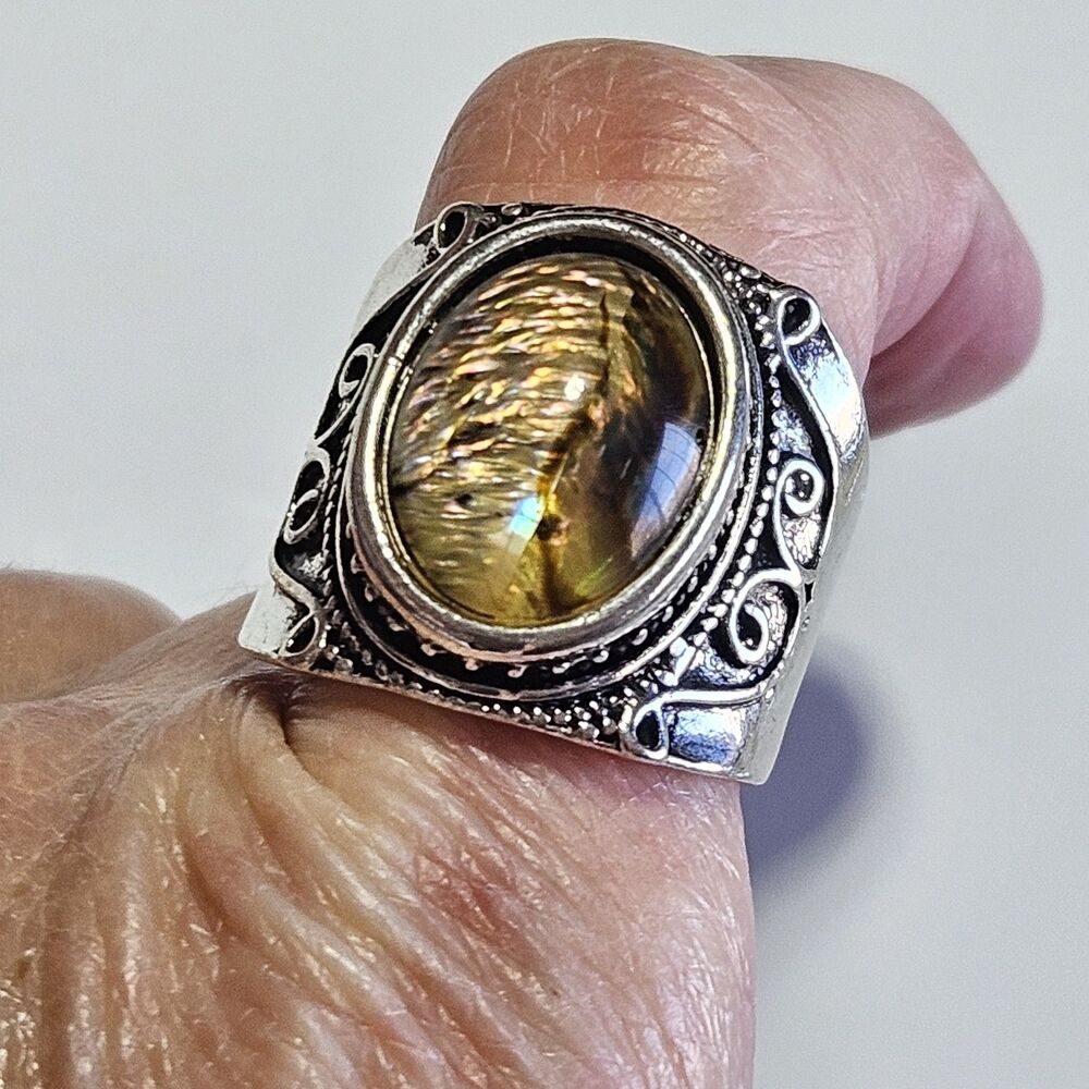Chunky Silver Tone Oval Abalone Cabochon Ring Size 8.5